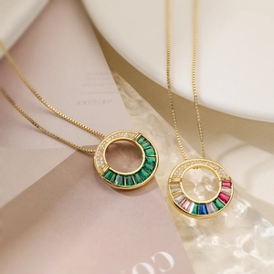 Minimalist 18K gold plated necklace with hollow round pendants and colorful zircons