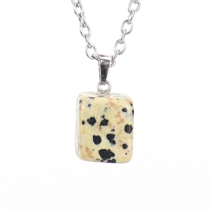 Macro shot of rectangular dalmatian jasper pendant with silver chain on white background