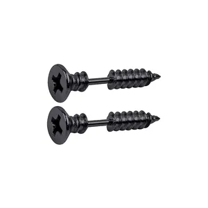Detail view of black stainless steel screw stud earrings with realistic thread pattern