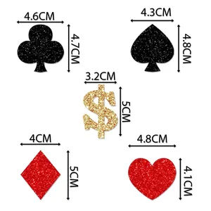 Detailed size chart for card suits and dollar sign magic theme cake toppers for casino party