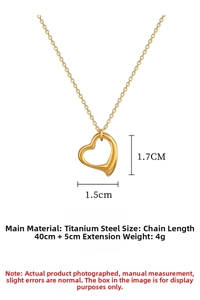 Gold titanium steel heart necklace with 40+5cm chain and 1.7cm hollow pendant