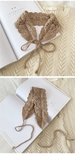 Macro detail of beige cotton crochet collar scarf with delicate openwork floral lace
