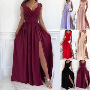 Robe De Soirée Col En V Dentelle Patchwork Froncé Fente Haute Maxi Sans Manches Dos Nu Formelle Femme