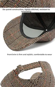 Detailansicht der braun karierten Tweed-Baseballkappe mit 6-Panel-Krone und Metallschnalle
