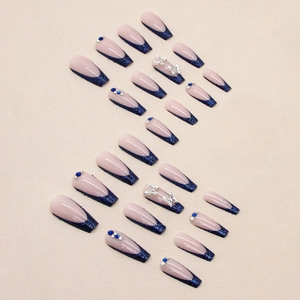Long coffin glitter blue French press-on nails with silver butterflies and rhinestones