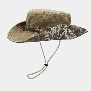 Outdoor khaki canvas boonie hat with digital camouflage brim and adjustable chin strap