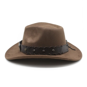 Close-up of brown suede cowboy hat with leather band, silver studs and star badge
