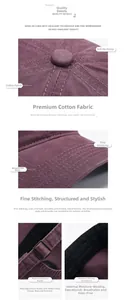 Detail view of purple cotton baseball cap showing stitching, brim and metal buckle