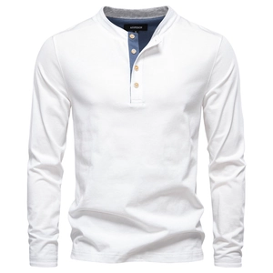 Detail of white Henley T-shirt neckline with navy and grey contrast lining and buttons