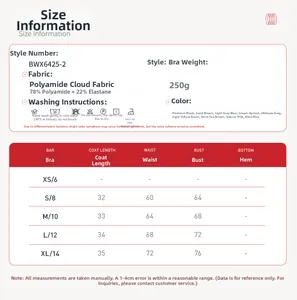 Tableau détaillé des tailles pour brassières de yoga du XS au XL avec mesures