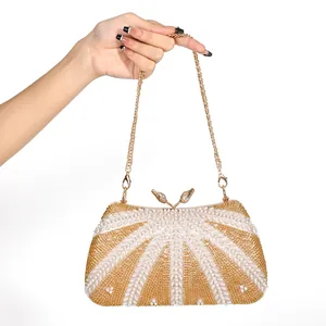 Handmade Beaded Evening Clutch Bag Artificial Pearl Sequin Radiating Pattern Formal Party Wedding Handbag With Chain Strap