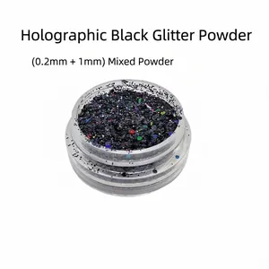 Detail of laser black glitter mix in 0.2mm and 1mm sizes for nail art decoration