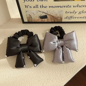 Elegant satin bow hair ties with sparkling rhinestones in black and grey colors