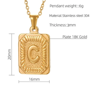 18K gold plated stainless steel rectangle necklace with embossed letter C and dimensions