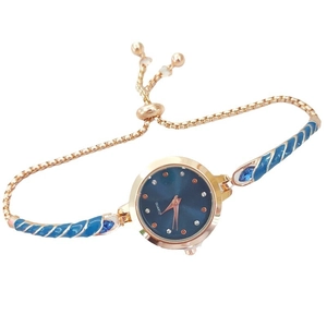 Elegant gold quartz bracelet watch with deep blue dial and crystal accents for women