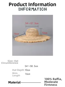 Size guide for raffia straw hat with 16cm wide brim and 54-58.5cm circumference details