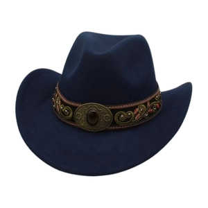 Detail of navy blue felt cowboy hat featuring embroidered band and a red gemstone buckle