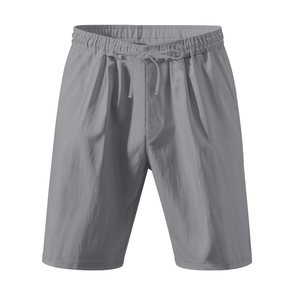 Detail view of men's summer linen shorts with elastic drawstring waist and side pockets