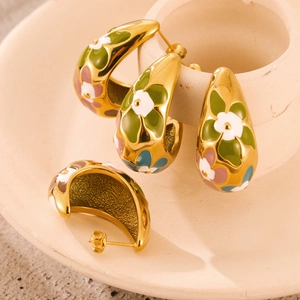 Minimalist gold-plated stainless steel C-shape earrings with colorful floral enamel patterns