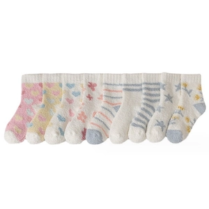 8 pairs of thick coral fleece socks in pastel colors with heart and star patterns
