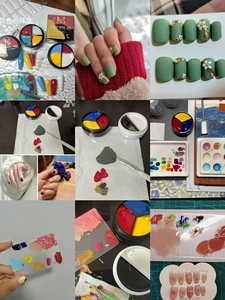 Solid gel nail polish kit showing primary colors and creative nail art painting detail