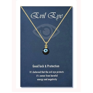 Detailed view of the Evil Eye charm necklace on a blue blessing card with golden chain