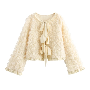 3D Rose Flower Mesh Tulle Tie Front Cardigan Long Sleeve Round Neck French Sweet Style Women Outerwear Jacket
