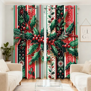 Detail of Christmas velvet curtain with holly leaf pattern and metal grommet rings