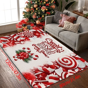Detail of Christmas flannel rug with candy cane pattern and 80x120cm size markings
