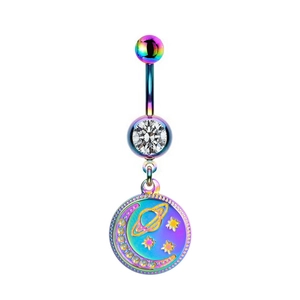 Rainbow belly ring featuring crystal zircon and engraved moon star and saturn pendant