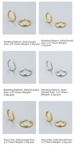 Detail view of hoop earrings in twisted and starry textures with gold and steel finish