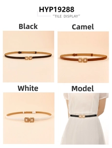 Detail of adjustable thin waist belts with pearl buckles in black, camel and white colors