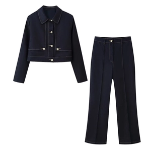 Veste Courte pour Femme Style Occidental Avec Surpiqûres Contrastées ou Pantalon Droit Bleu Profond Polyester Top Et Bottom