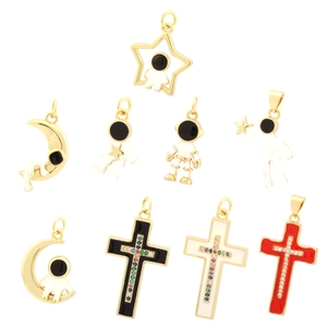 Gold plated astronaut and moon cross pendants with colorful cubic zirconia stones