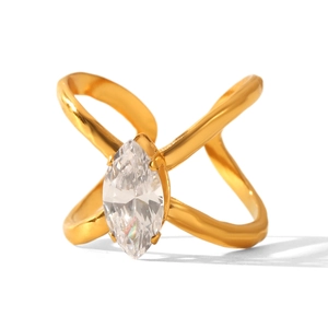 Detail of gold-plated crossover ring featuring a marquise-cut cubic zirconia stone