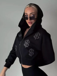 Streetwear black zip-up hoodie with silver rhinestone dollar sign patterns for women