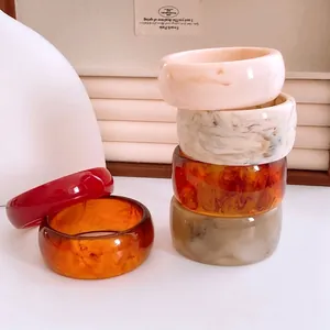 Chunky Resin Bangle Bracelet Minimalist Marble Pattern Amber Tortoise Shell Wide Smooth Jewelry For Women Retro Style
