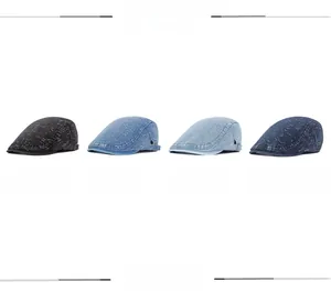 Adjustable denim newsboy caps in black, medium blue, light blue, and dark blue colors