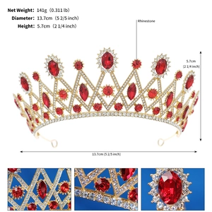 Detailed views of Baroque gold bridal crown with red rhinestones and measurements
