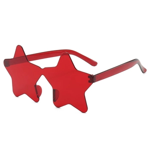 Fashionable rimless star-shaped sunglasses in transparent red shown at a 45-degree angle