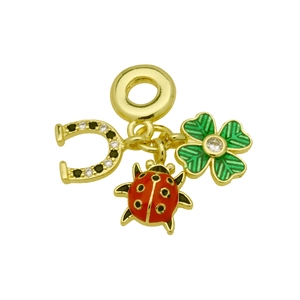 18k gold plated lucky charm pendant featuring ladybug, horseshoe, and green clover charms