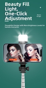 Detail of adjustable phone holder and LED beauty fill light on a portable tripod stand