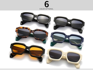 Showcase of six stylish polygon sunglasses in various colors on a white background