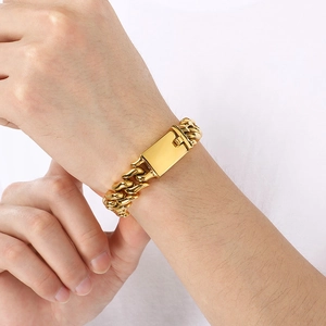 Men's 15mm gold stainless steel Cuban link bracelet with a secure rectangular clasp