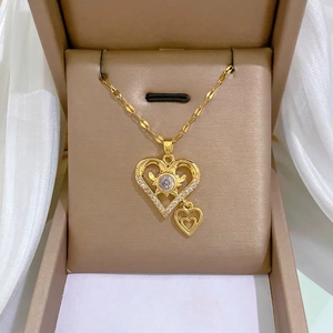 Double Layer Heart Pendant Necklace Stainless Steel And Copper With Sunburst Zircon Zirconia Elegant Jewelry For Women