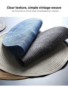 Detailed close-up of colorful round woven placemats with vintage braided texture and patterns