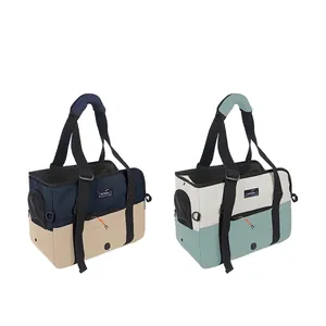 Waterproof breathable pet camping backpack with mesh windows in navy and cream colors