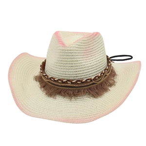 Men's western straw cowboy hat with pink gradient edges and tassel band decoration