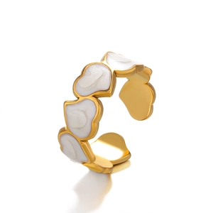 Adjustable gold stainless steel ring with white enamel heart charms for women