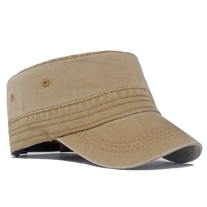 Detail of khaki washed cotton cadet hat showing vintage texture and stitching